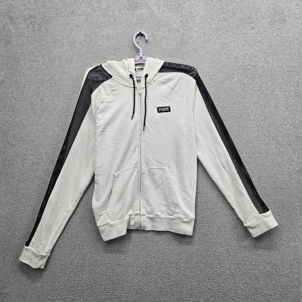 PINK Victoria's Secret Women Hoodie L White Logo Spellout Activewear Zipper